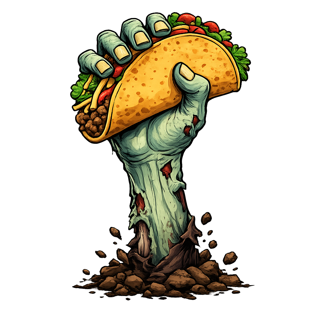 Zombie hand bursting from the ground holding a loaded taco
